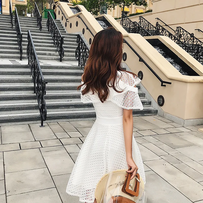 quality summer sexy irregular off-the-shoulder dress female hollow out lace | Женская одежда