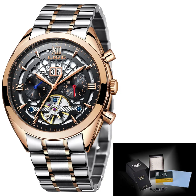 Rose gold black LIGE, оригинальные брендовые часы, мужские, автоматические, с защитой от ветра, нержавеющая сталь, 3 АТМ, водонепроницаемые, полностью автоматические, с календарем, механические часы для мужчин - Цвет: Rose gold black