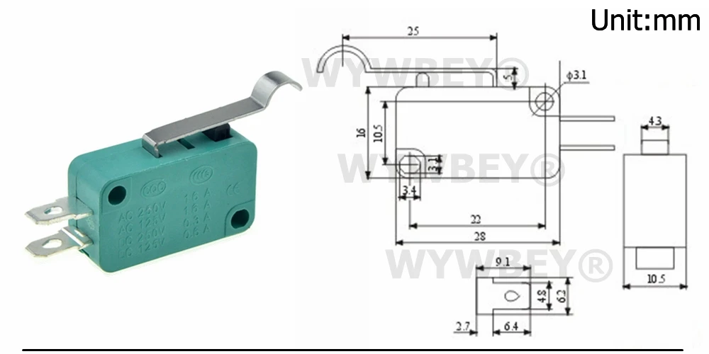 Микро-концевые выключатели 16A 250V 125V SPST 4,8 мм Ширина 2 шпильки нормально открытый 16 мм УФ-фильтр 52 мм с Arc Roller Lever сенсорный переключатель микропереключатель