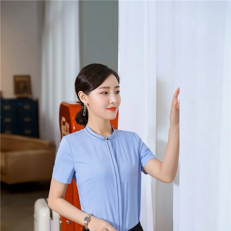 Женская Деловая блузка с коротким рукавом Синие Деловые блузки и рубашки в