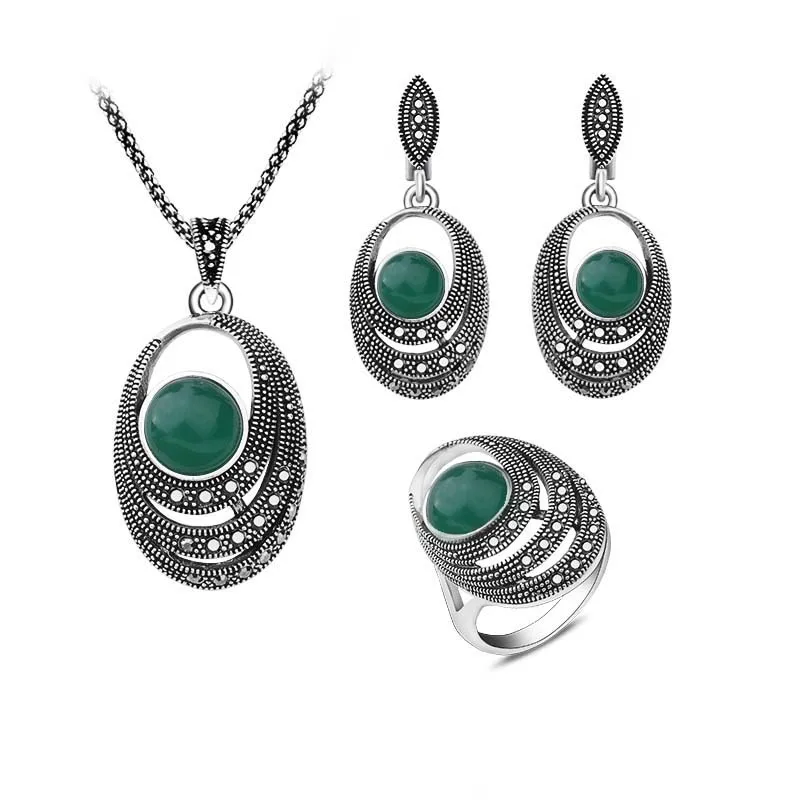 Green Sellsets, винтажный ювелирный набор, античный серебряный цвет, зеленые серьги из смолы, кольцо и кулон, ожерелье, ювелирные наборы для женщин, подарки - Окраска металла: Green