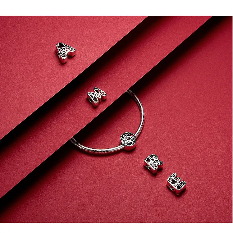 Подходит для браслетов Pandora,, 925 пробы, серебро, 26 букв, английские буквы, бусины S295, сердце, 26 букв, подвески, сделай сам
