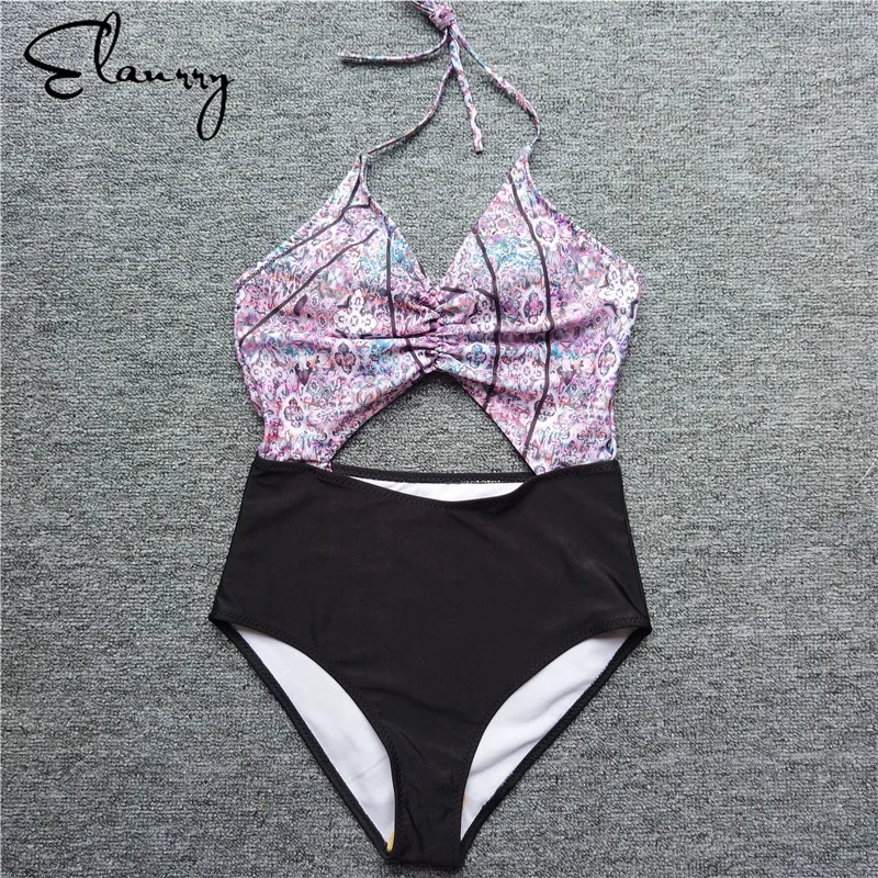 One Pieces Swimsuit Women 20178 Patchwork Swimwear Female Padded Bathing Suit Halter Bandage Swimming Sexy Ladies Beachwear | Спорт и