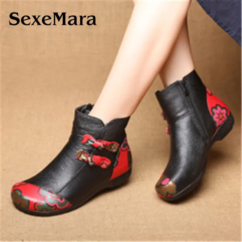 

Genuine Leather Women Winter Boots Vintage Floral Ankle Martin Boots Handmade Retro Flower High Heels Zip Female Cowhide Shoes