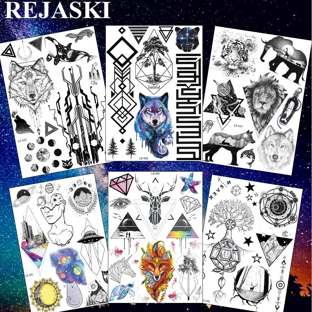 

Временные татуировки REJASKI геометрической формы с изображением сосны, лося, лисы, волка, для женщин и мужчин