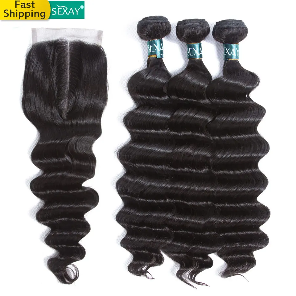 Sexay свободные глубокие волнистые пучки с закрытием Remy перуанские волосы для наращивания 3 пучка с закрытием человеческих волос Плетение с закрытием