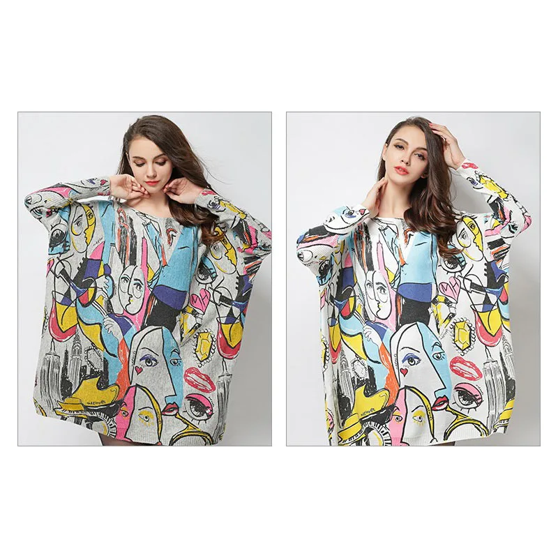 XIKOI Pullover Women Sweaters Printing Slash Long Loose Jacket Clothes Computer Knitted Casual Smiley Spring Autumn Trend | Женская