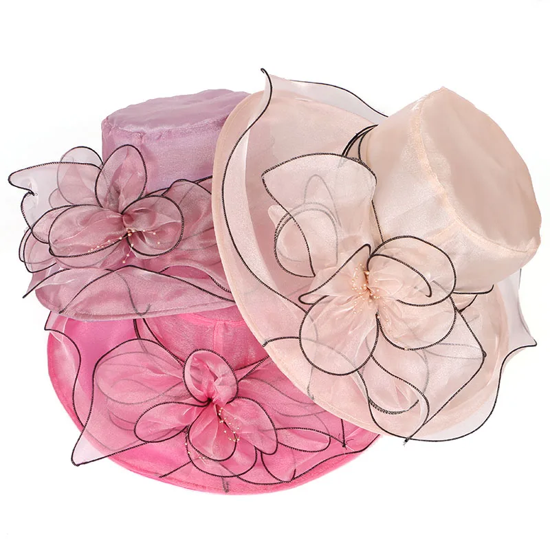 Chapeau Femme Mariage Цветочные федоры Женская церковная чародейная шляпа бант ведро Свадебная шляпа Боулер Дерби широкий пляжный навес шляпы от солнца