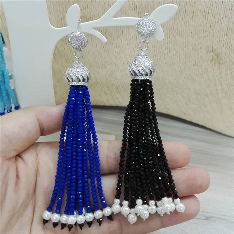 Boho Белый жемчуг с Cz Циркон Корона Подвески длинные висячие 10 рядов синий черный серьги из бисера с кисточкой для женщин Свадебные украшения