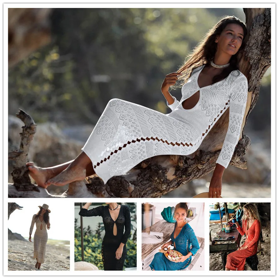 New Sexy Long Beach Dress Women Swimsuit Cover-up Hollow Out Bathing Suit Beachwear Knitting Summer Dresses Casual Bikini Tunic