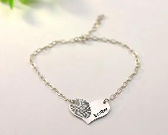 925 Silver Custom Fingerprint Bracelet Delicate Heart Engraving Words Personalized Womens Memorial Jewelry | Украшения и