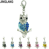 jinglang fashion charms with lobster clasp dangle 6 color rhinestone owl charms animals diy pendant jewelry making accessories