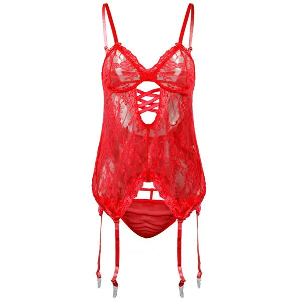 Red Модная S-6XL, черная, фиолетовая ночная рубашка, плюс размер, сексуальное кружевное белье, сексуальная пижама baybyoll, сексуальное нижнее белье+ стринги - Цвет: Red