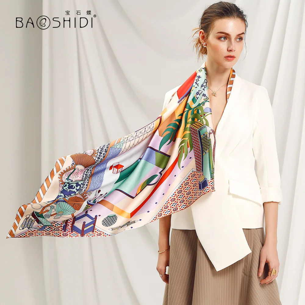 Шарф BAOSHIDI из шелка 100% женский платок разноцветные шелковые шарфы в индийском