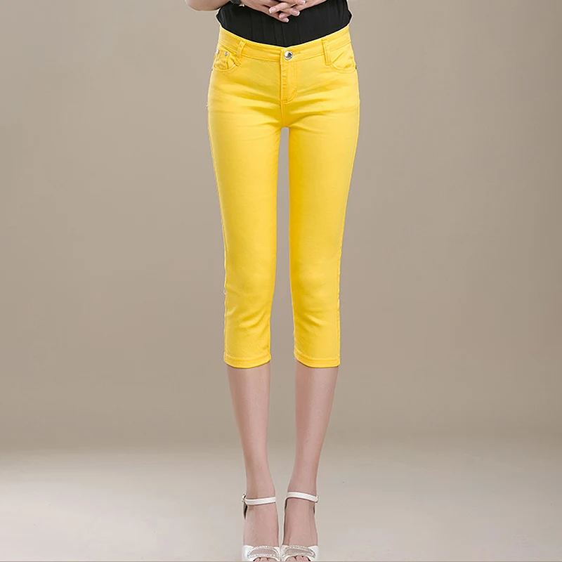 Yellow Красные женские короткие штаны, лето, яркие панталоны для женщин, большие Стрейчевые черные штаны для женщин, Стрейчевые женские короткие брюки Капри - Цвет: Yellow