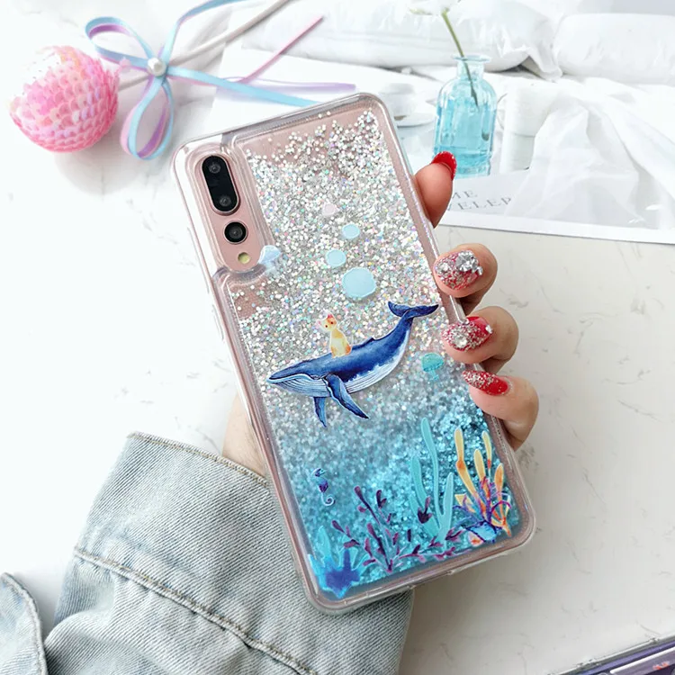 Чехол с изображением дельфина из жидкого сыпучего песка для Huawei P20 Pro P10 Nova 4 3 3i