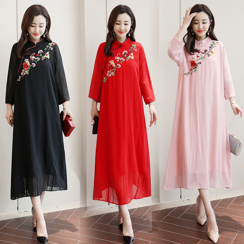 Для женщин современный Cheongsam Платья для вечеринок Qipao традиционный платье в китайском стиле с вышитыми цветами вьетнамский аозай элегантный тонкий длинный платье