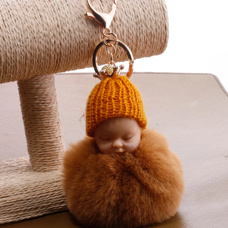 Sleeping Baby Doll Keychain Faux Fur Ball Car Keyring Crown Toy Key Holder Bag Pendant Charm Good Detail Accessories 6C0835 | Украшения и