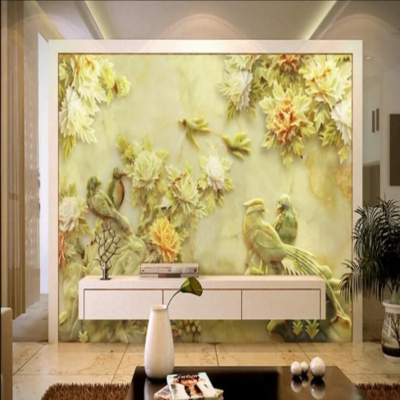 wellyu Custom large - scale murals jade carving peony magpie mandarin ducks wealth auspicious TV background wall wallpaper | Обустройство