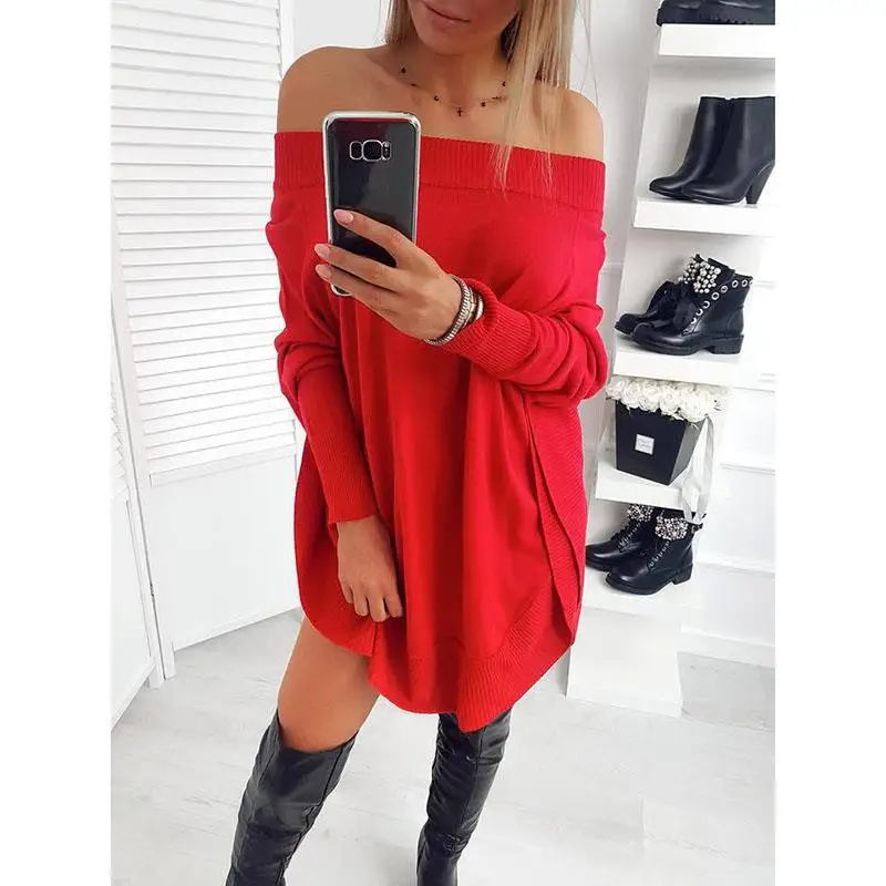 

Women Autumn Sexy Slash Neck Off-Shoulder Long Sleeve Batwing Sleeve Dress Female Casual Loose Solid Dresses Vestidos SJ341C