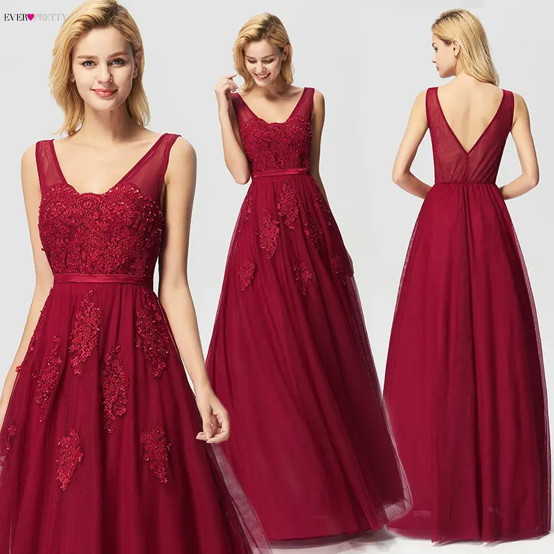 Black Prom Dresses Elegant Ever Pretty EP07723 New Arrival A-line Sleeveless Tulle Burgundy Long Party Gowns Vestido De Gala - Цвет: Burgundy