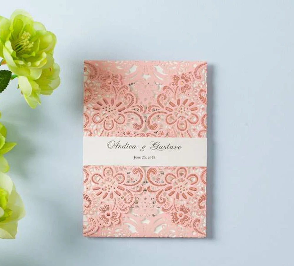

50PCS/Lot Laser Cut Wedding Invitations with Pink Lace Floral Design and White Printable Waist Card for Engagement Party Favors