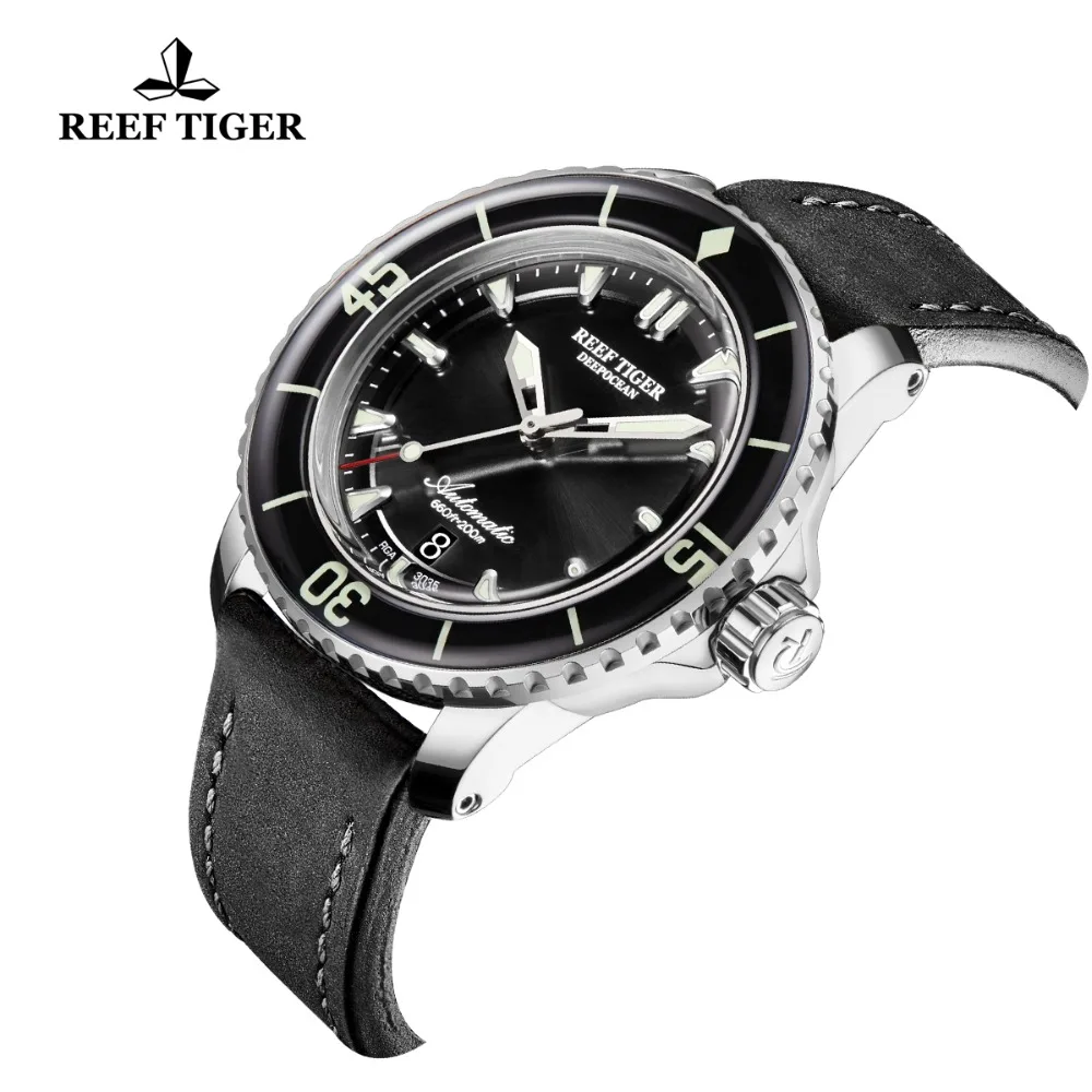 Reef Tiger/RT часы для дайвинга люминесцентные спортивные часы мужские черные стальные кожаный ремешок автоматические с датой водонепроницаемые часы RGA3035