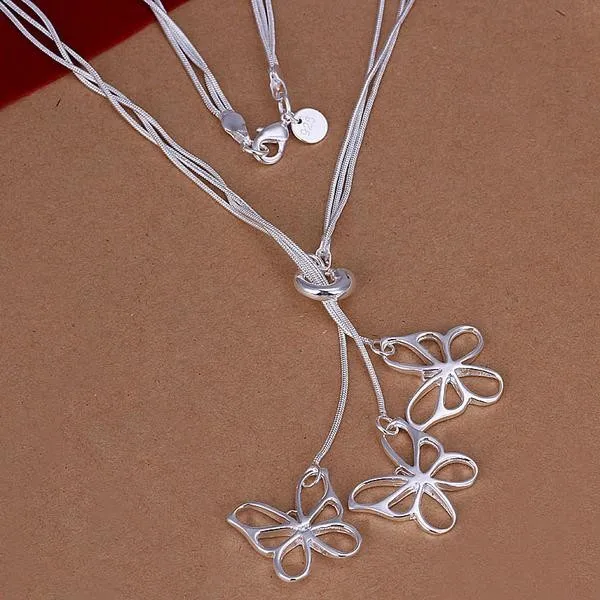 Women's jewelry 925 stamp silver plated three Butterfly charms Taiji Hanging necklace Colar de Prata gift pouches free shipping |