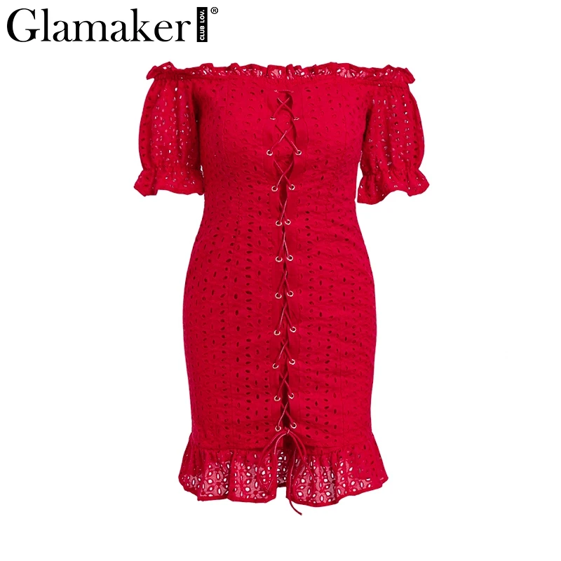 Женское облегающее мини платье Glamaker красное Клубное в горошек с оборками и
