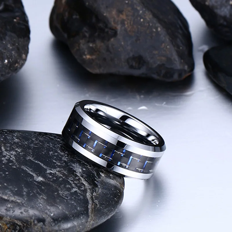 XUANPAI Blue Carbon Fiber Men Rings Tungsten Carbide Engagement Band Comfort Fit 8mm Anel Jewelry For Male | Украшения и