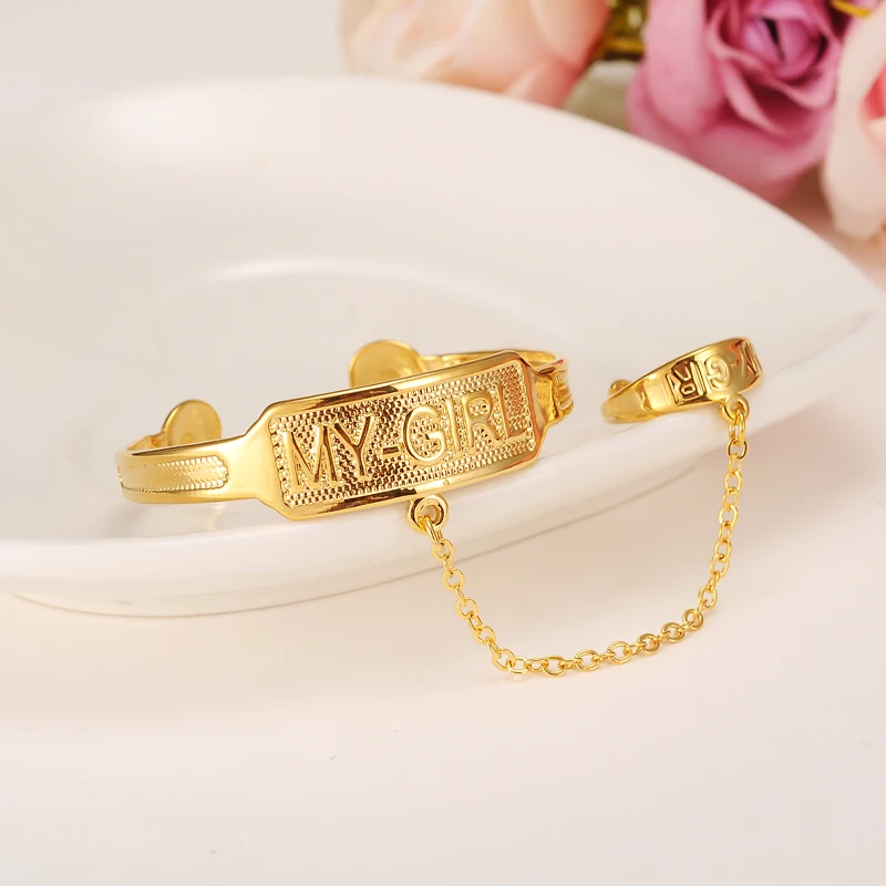 

Dubai Gold Stamp baby SMALL girl Bangle Child Bracelet With Ring for Kids african Children Bairn Jewelry Baby mideast Arab Gift