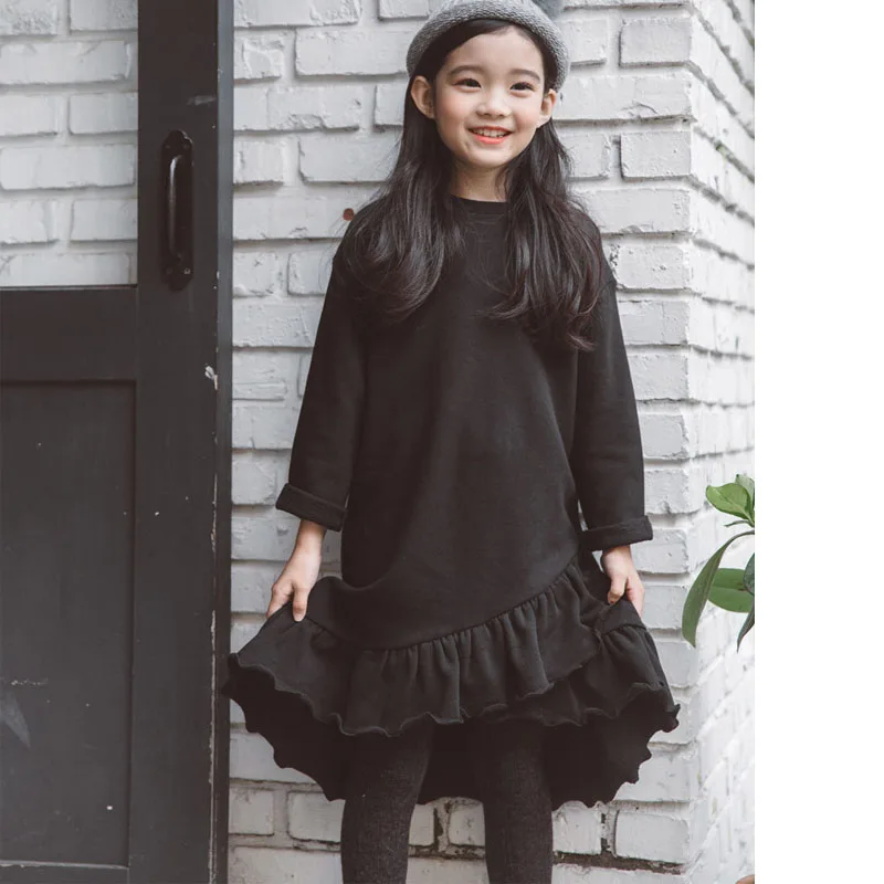 Big Kids Dresses For Girls Ruffle Cotton Long Sleeve Dress Princess Party Black Frocks Teens Girl Fashion Children Clothes 4-14Y | Детская