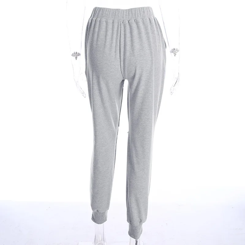 

Hollow Out Casual Woman Solid Gray Pants Drawstring High Waist Joggers Holes Streetwear Long Trousers with Pockets Sweatpants