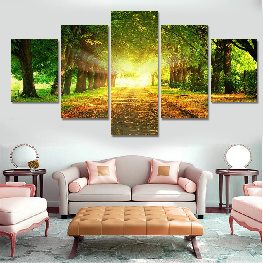 5 Panel Modern Printed Trees Sunshine Painting Picture On Canvas Art Home Decor Cuadros Landscape For Living Room(No Frame) | Дом и сад