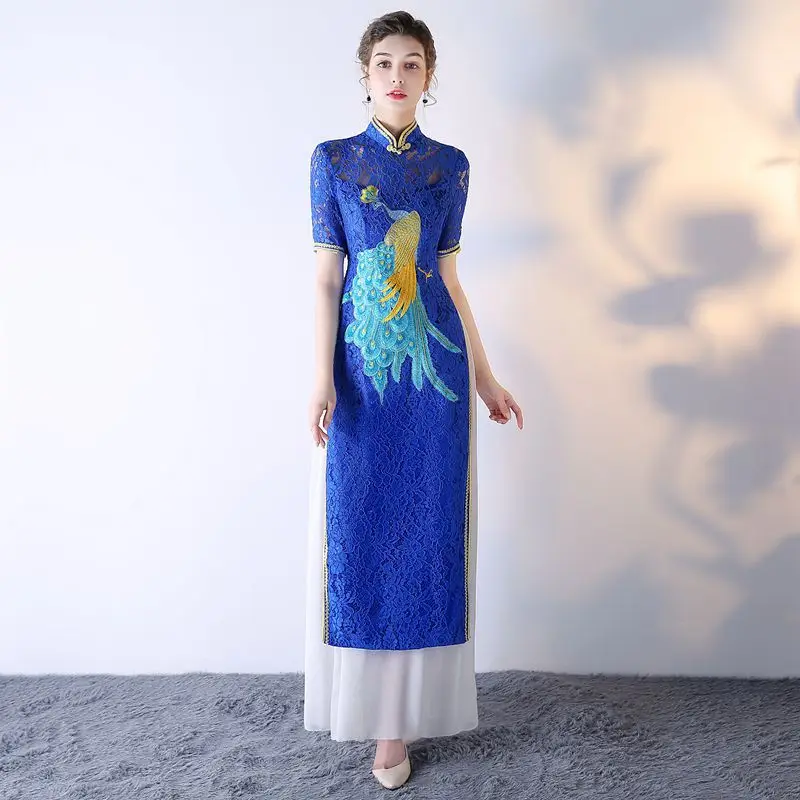 Qipao зеленое кружевное платье с вышивкой Cheongsam современное китайское традиционное
