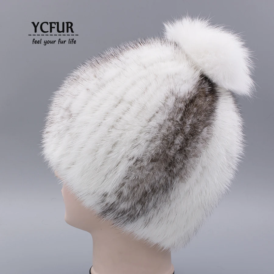 YC Fur зимняя теплая шапка s шапки для женщин качество натуральный мех норки шапки шапочки с помпоны из лисьего меха шапка муфта зимняя шапка