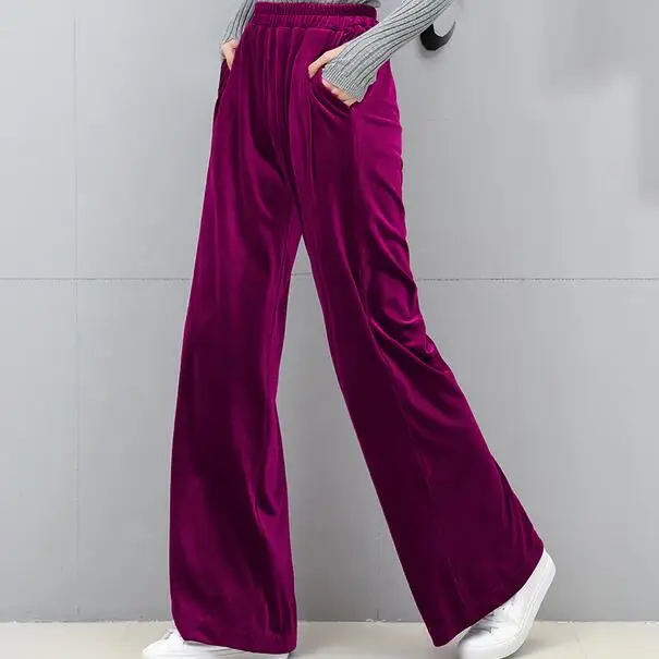 2019 New Velvet Wide Leg Pants Pocket Elastic Waist Women's Trousers Tunic High Office Purple AH495 | Женская одежда