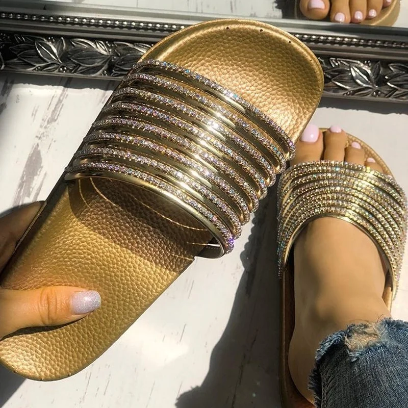 Золотой Обувь; женские босоножки; шлепанцы; сезон лето; zapatos De Mujer; нескользящие Шлепанцы из искусственной кожи; 4 цвета; размеры 36-43 - Цвет: Золотой