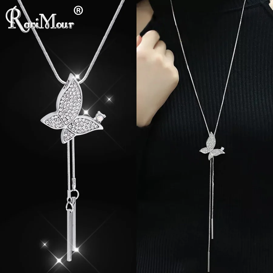 RAVIMOUR маленькое длинное ожерелье для женщин Мода 2018 насекомое бабочка стразы
