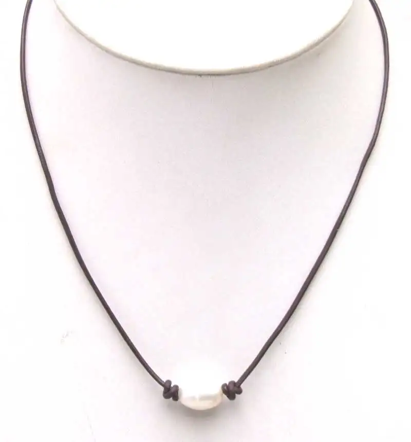 SALE Big 10-11mm White Rice Natural Freshwater Pearl Necklace 18&quot with brown Genuine Leather-5895 Wholesale/retail Free ship | Украшения