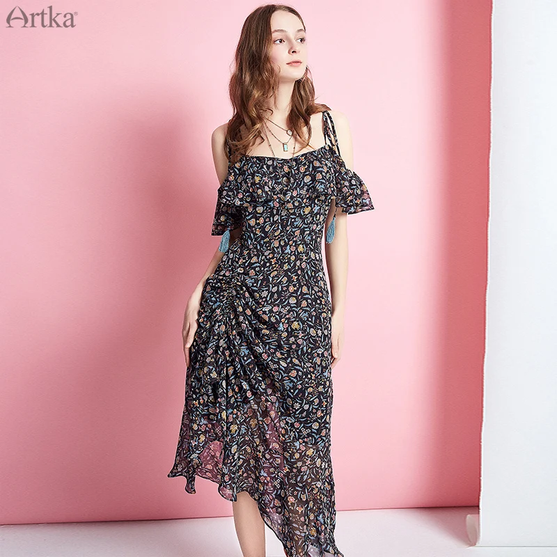 Женское платье с оборками ARTKA романтичное шифоновое на бретельках спагетти