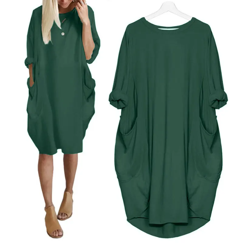 green dress Летучая Мышь Рукав Длинный Плюс Сайз XL 5XL Одноцветный Платья Миди Элегантный Вечеринка Карман Платья Женщина Лето Осень Свободный Простой Большой Размер Модное Платья Оливковый Зеленый Оверсайз Милый - Цвет: green dress