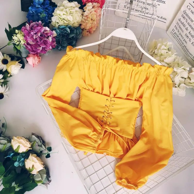 yellow Винтажный топ с открытыми плечами, женская сексуальная укороченная футболка, кружевные Футболки с длинным рукавом-фонариком, Женская сорочка - Цвет: yellow