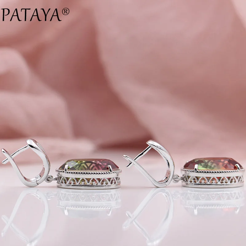PATAYA, Новое поступление, трендовые, Настоящее Белое золото, Овальный турмалин, длинные серьги из циркония, для женщин, для свадебной вечеринки, полые, хорошее, уникальное ювелирное изделие