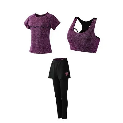 Purple trousers 3pcs 5 шт., женские наборы для тренировок, набор для йоги, одежда для бега, женская одежда из полиэстера, женская одежда для фитнеса, женская спортивная одежда с бюстгальтером - Цвет: Purple trousers 3pcs
