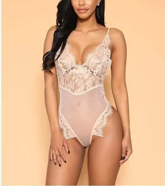 beige BKLD Лето женский сетчатый глубокий v-образный вырез сексуальный боди с открытой спиной на тонких бретелях прозрачный кружевной элегантный обтягивающий цельный комбинезон - Цвет: beige
