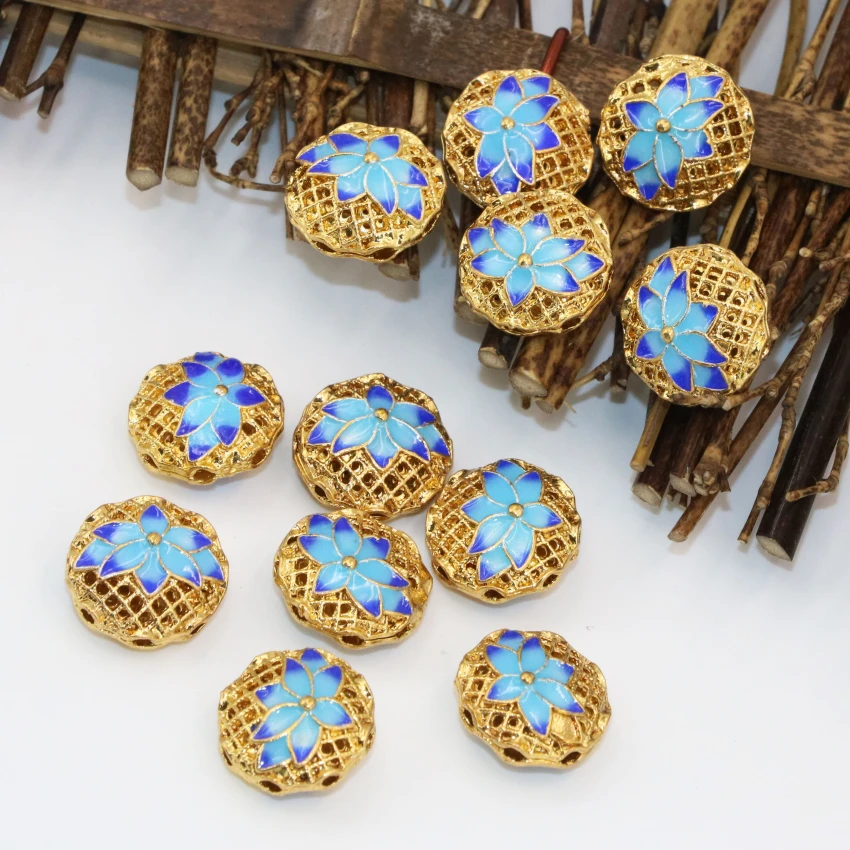 

Top quality 8 style 5pcs round ball hollow carved enamel cloisonne gold-color spacers accessories beads jewelry findings B2513