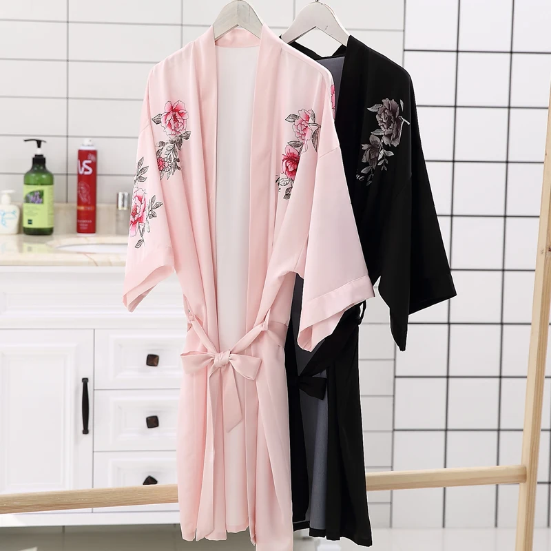 

Luxury sexy silk-like women robes female kimono bathrobe peony prints pink black robe bridesmaid robes dressing gown