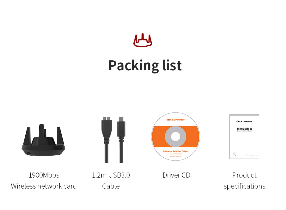 

1900Mbps Sports Dual Band Wireless USB 3.0 wifi 2.4G&5.8G Dongle Adapter 802.11a/g/n/ac Antenna Network Card Comfast CF-958AC