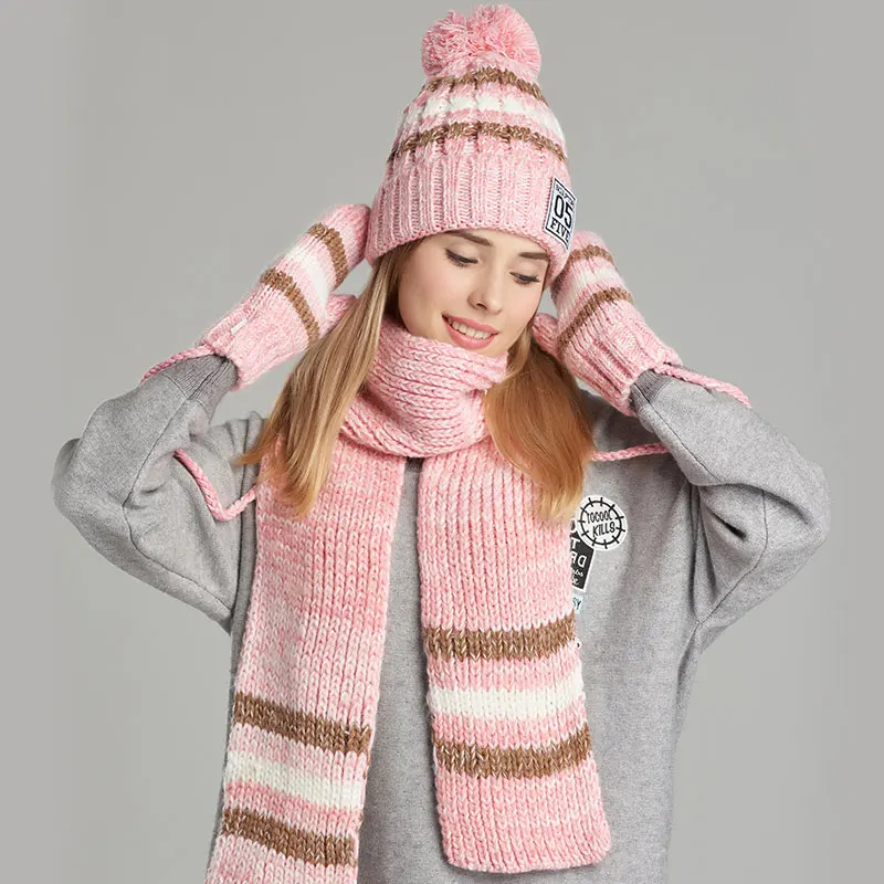 Женская шикарная трикотажная шапка шарф перчатки 3 предмета костюм с помпоном